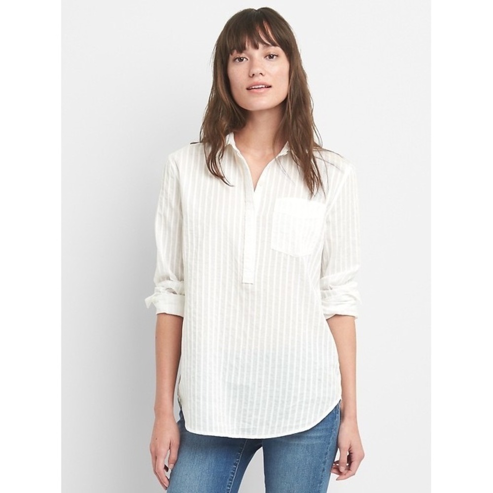 Gap Womens White Woven Stripe Boyfriend Popover Long Sleeve Shirt Size M